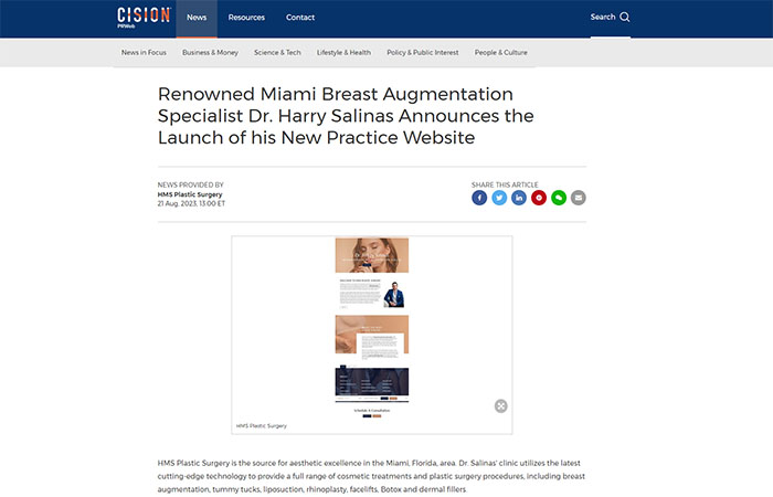 Screenshot of the article titled: Renowned Miami Breast Augmentation Specialist Dr. Harry Salinas Announces the Launch of his New Practice Website