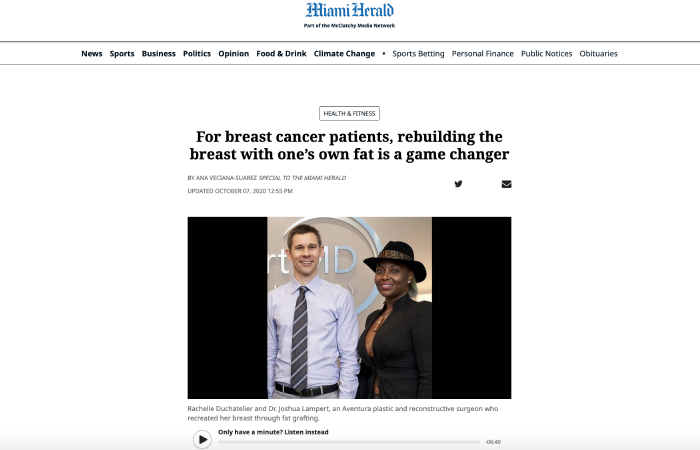 Screenshot of the article titled: For Breast Cancer Patients, Rebuilding the Breast with One’s Own Fat is a Game Changer